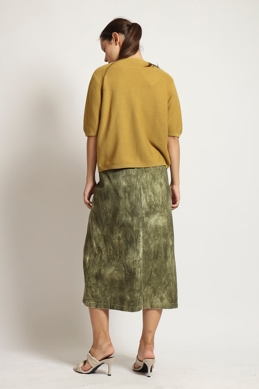 Bloom et Cotton Maxi Olive Denim Skirt/ Mustard Knit