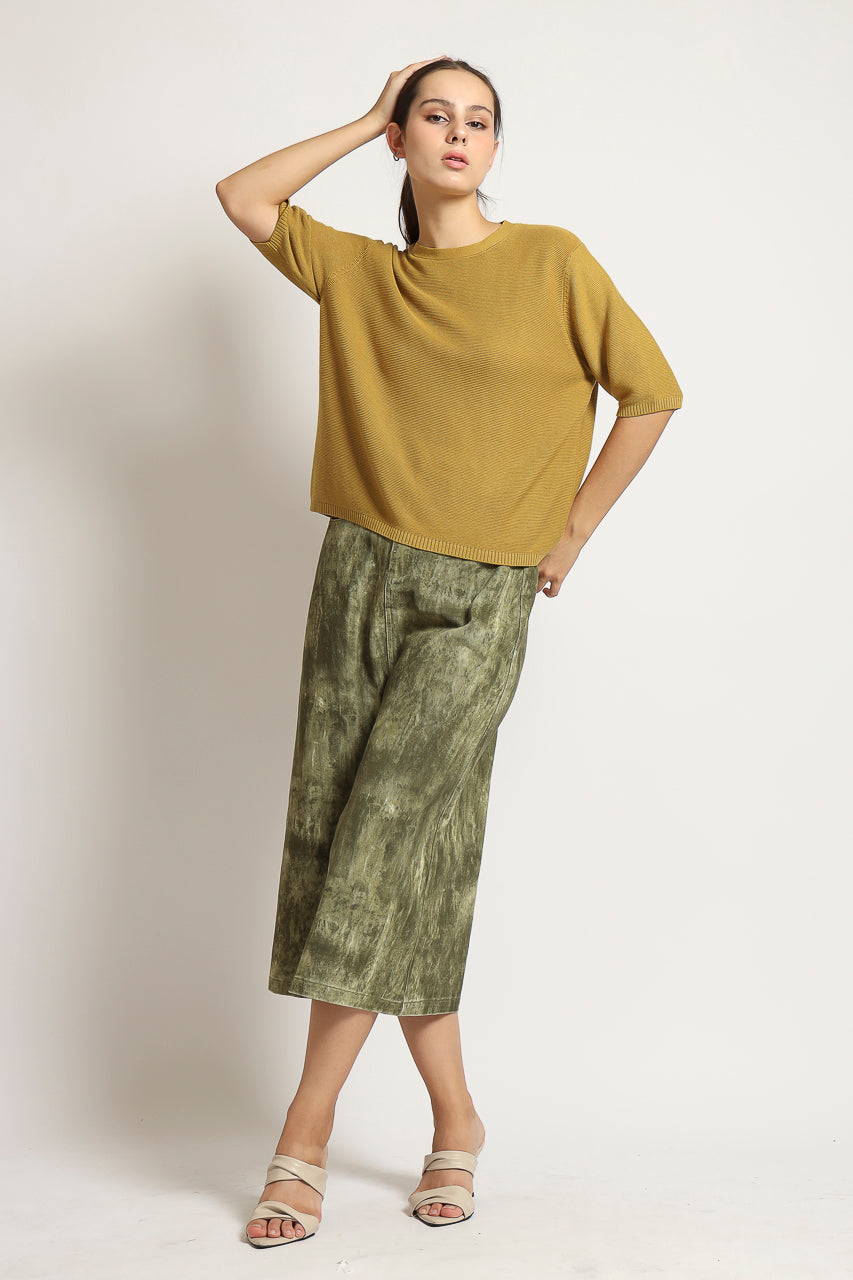 Bloom et Cotton Maxi Olive Denim Skirt/ Mustard Knit