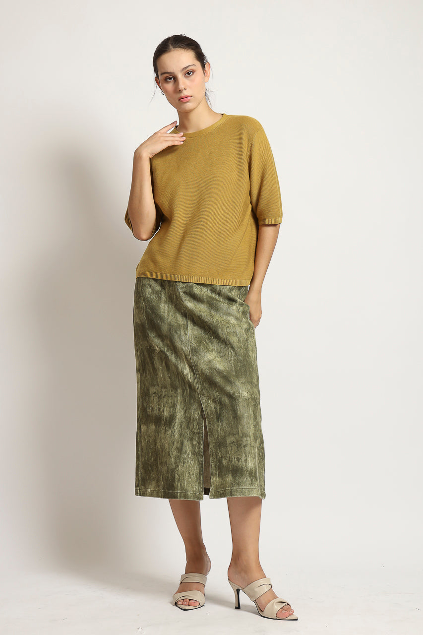 Bloom et Cotton Maxi Olive Denim Skirt/ Mustard Knit