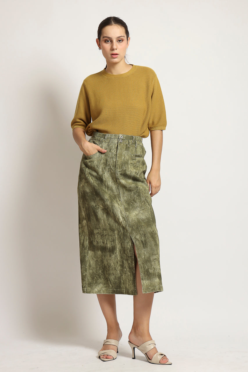 Bloom et Cotton Maxi Olive Denim Skirt/ Mustard Knit