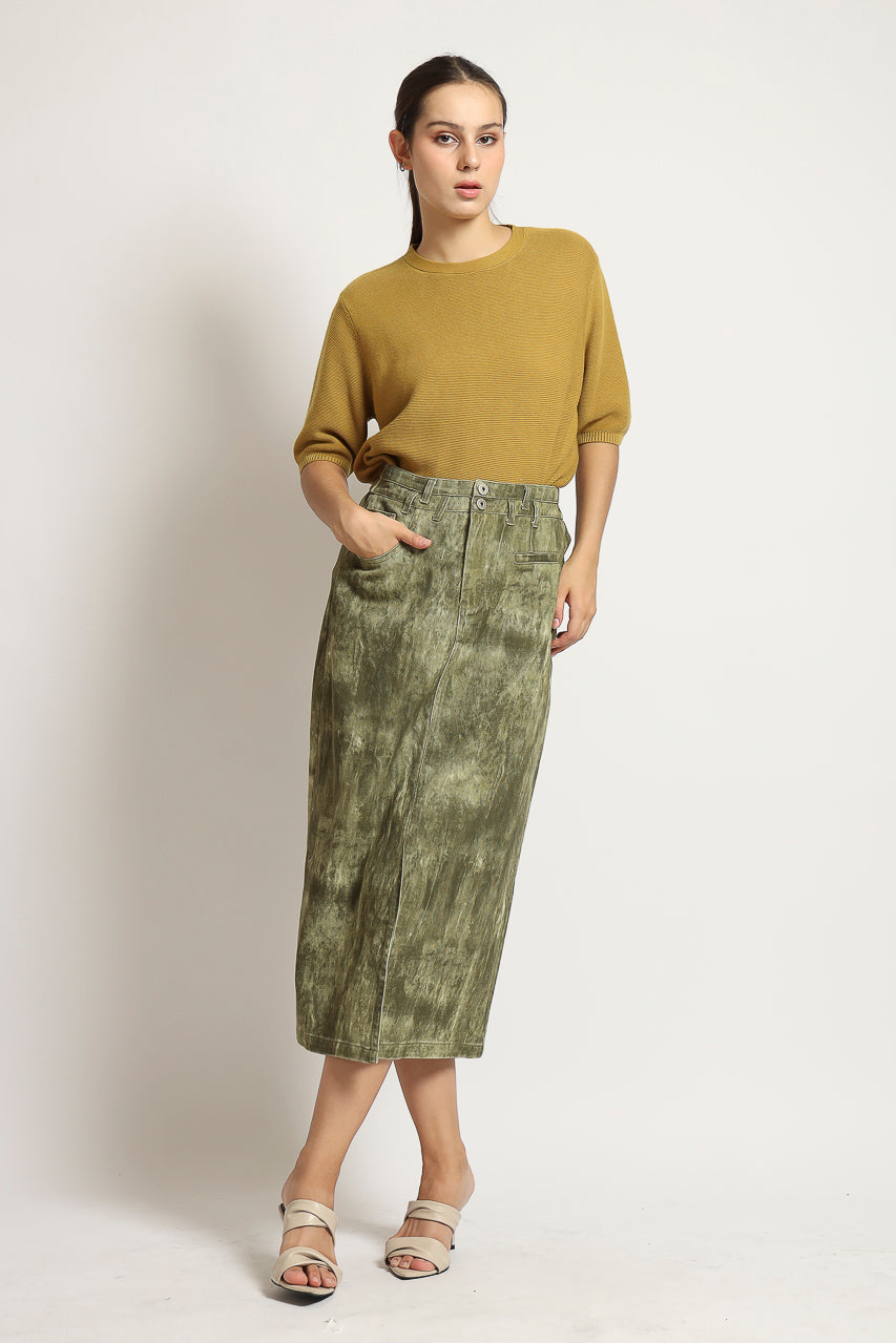 Bloom et Cotton Maxi Olive Denim Skirt/ Mustard Knit