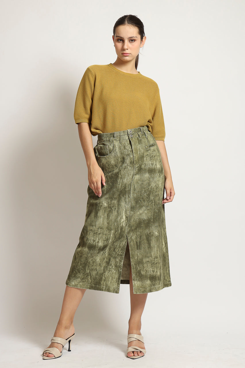 Bloom et Cotton Maxi Olive Denim Skirt/ Mustard Knit